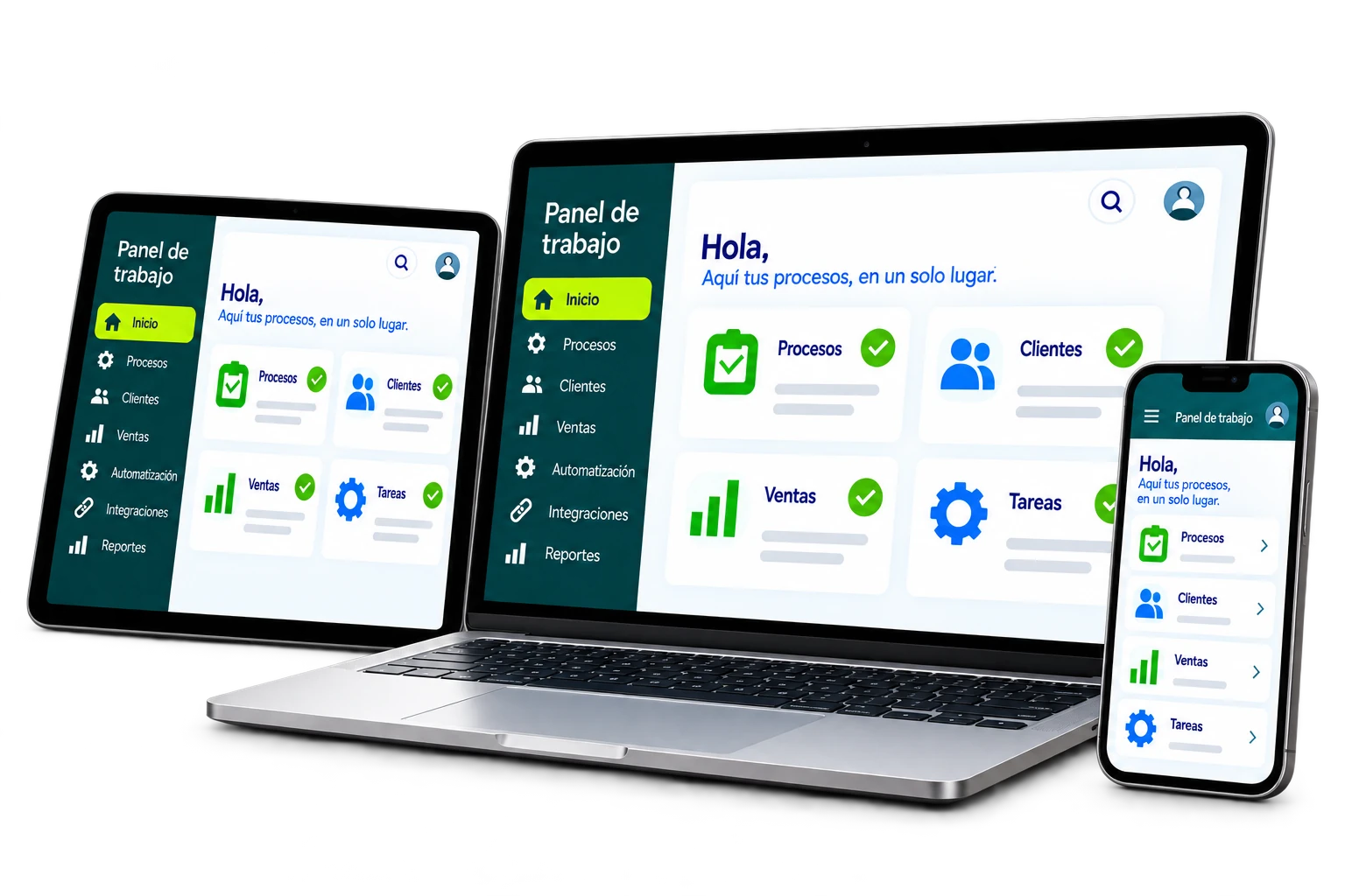 Computador portátil, tablet y celular realistas con el mismo panel de procesos, clientes, ventas y tareas en verde y azul